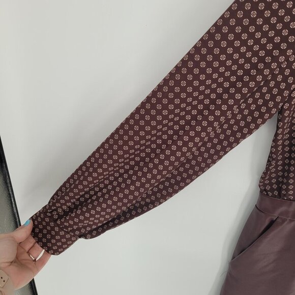 Express Medium Printed Faux leather tie neck long sleeve romper dark academia - Picture 2 of 13